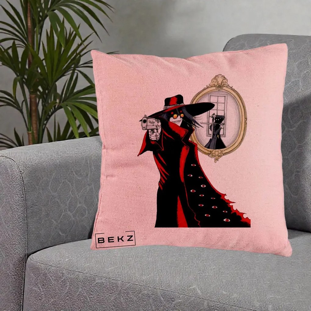 Perna Personalizata Hellsing Alucard cu Pistoale, 40x40 cm, Roz, Husa Detasabila, Perna Inclusa, BEKZ®