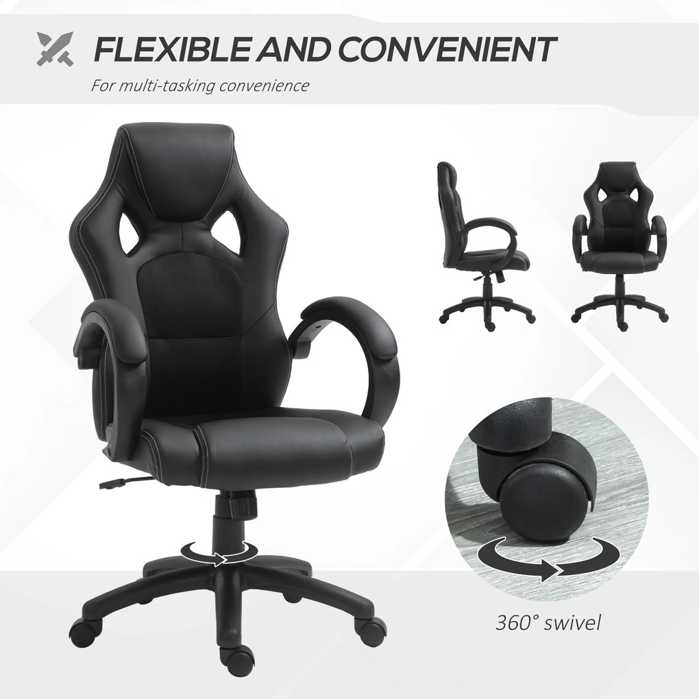 HOMCOM Scaun pentru birou, cu roti rotative la 360°, scaun gaming, inaltimea reglabila, Negru | Aosom Romania