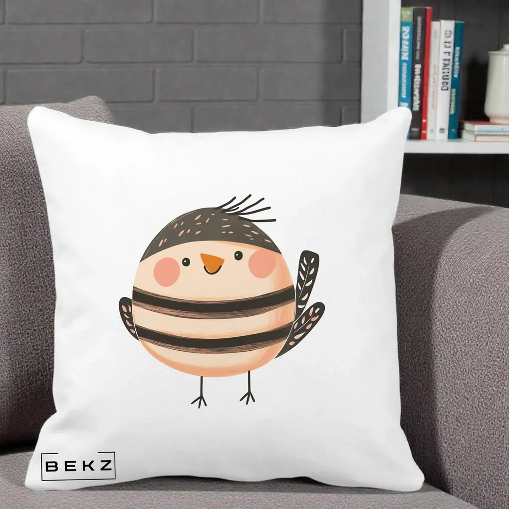 Perna Decorativa Pui Kawaii Bej-Negru Dungat, 40x40 cm, Alba Mata, Husa Detasabila, Perna Inclusa, BEKZ®