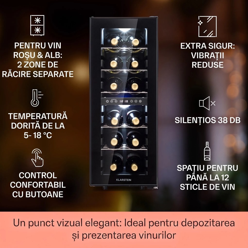 Klarstein Shiraz 12 Duo frigider de vin 2 zone 42L/12 sticle 5-12 / 12-18 °C Touch