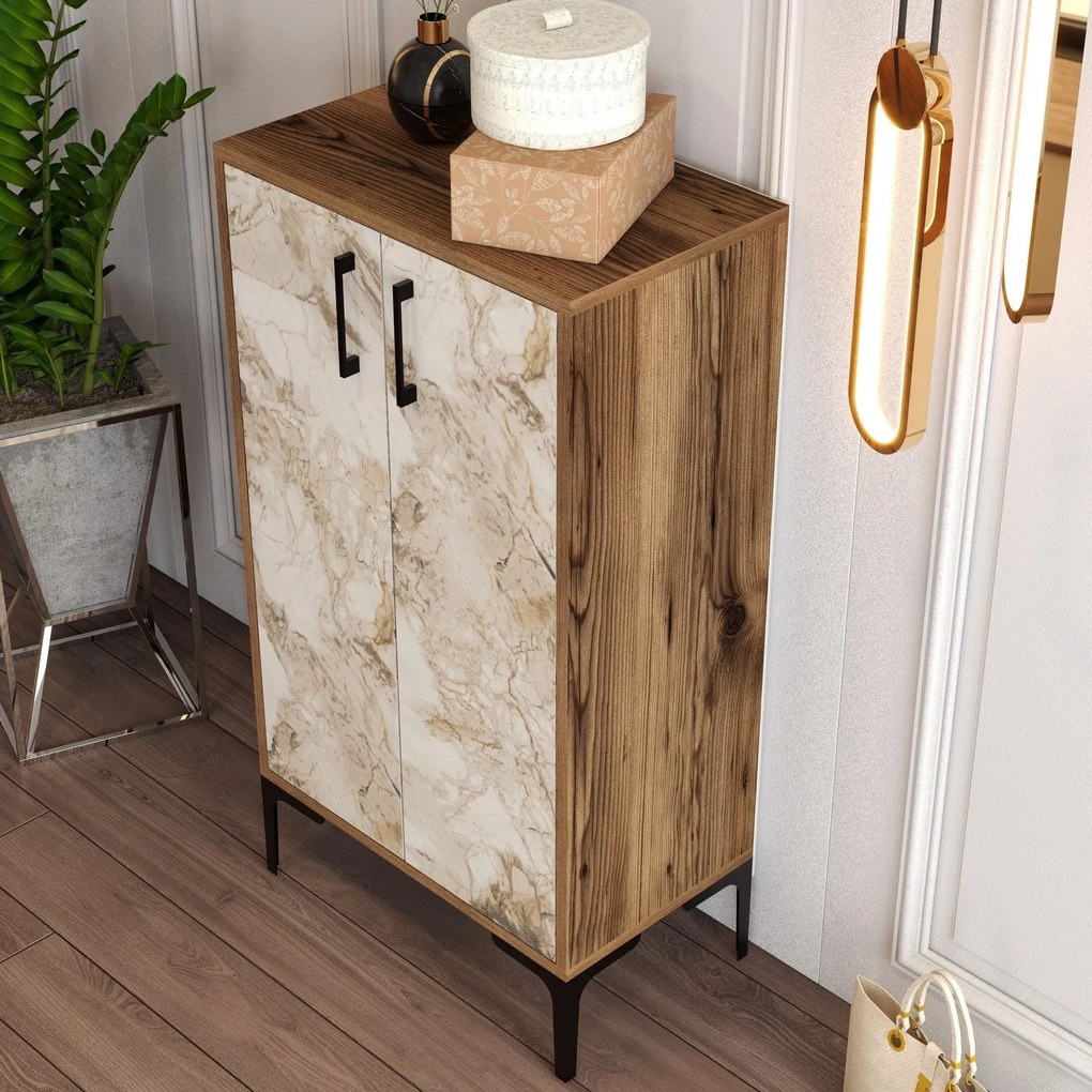 Comodă pentru pantofi Prag - Walnut, White Marble