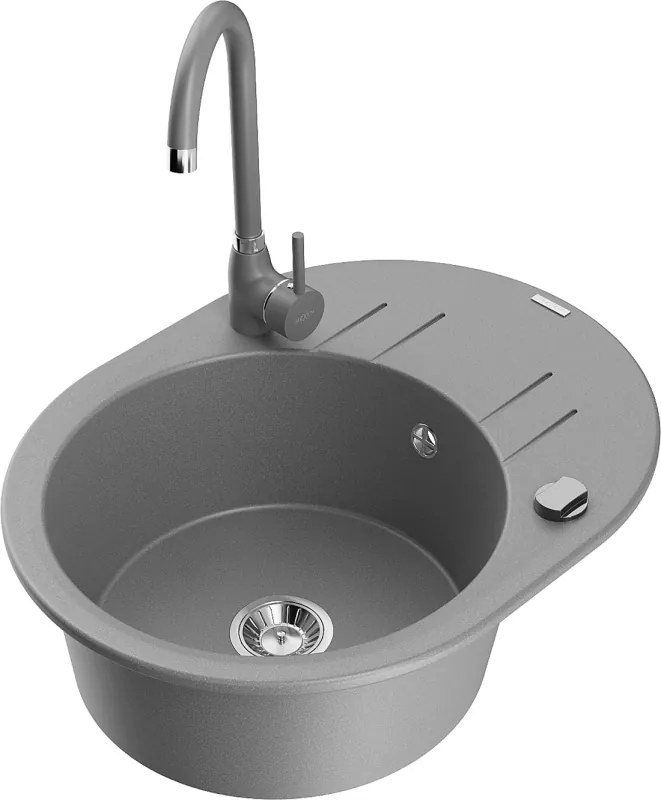 Mexen Kevin chiuvetă din granit cu 1 cuvă și scurgător și baterie de bucătărie Telma, gri - 6517-71-670200-71