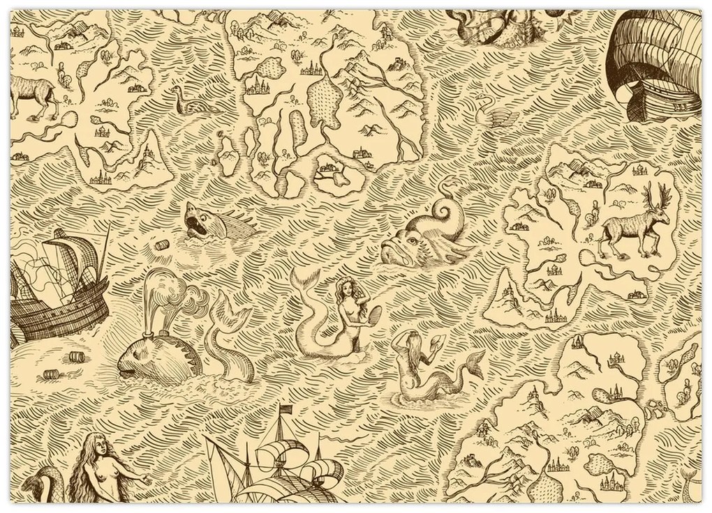 Tablou pe sticlă - Harta de epocă, ilustrații (70x50 cm)