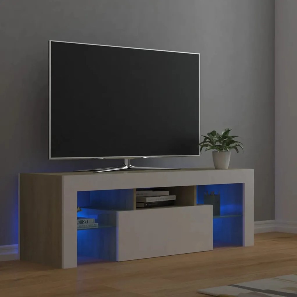804351 vidaXL Comodă TV cu lumini LED, alb și stejar Sonoma, 120x35x40 cm