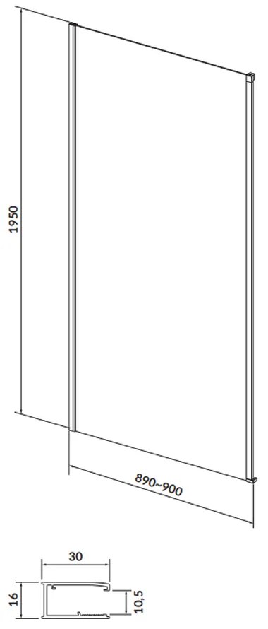 Perete lateral fix 90x195 cm Cersanit Larga profil crom 900x1950 mm, Crom lucios