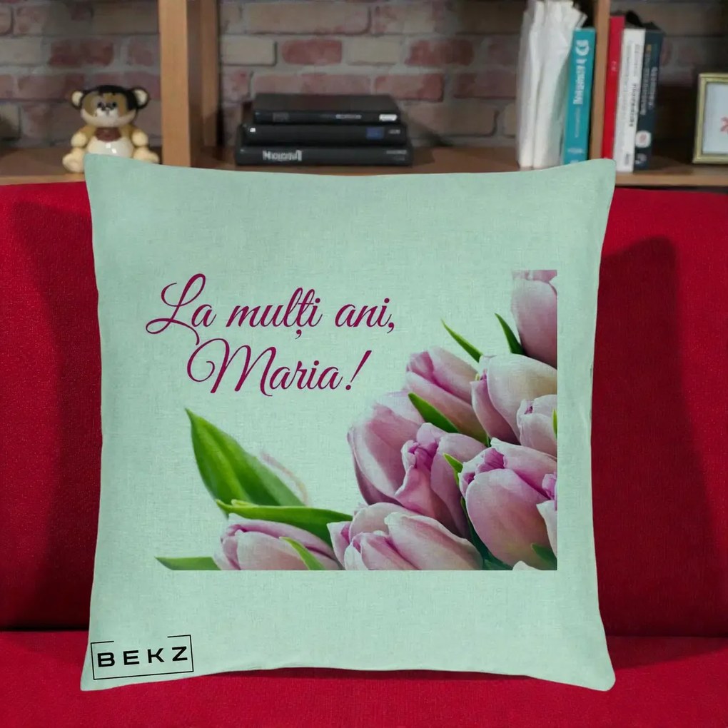 Cadou de Onomastica - Perna Personalizata La Multi Ani Maria Lalele, 40x40 cm, Verde Menta, Husa Detasabila, Perna Inclusa, BEKZ®
