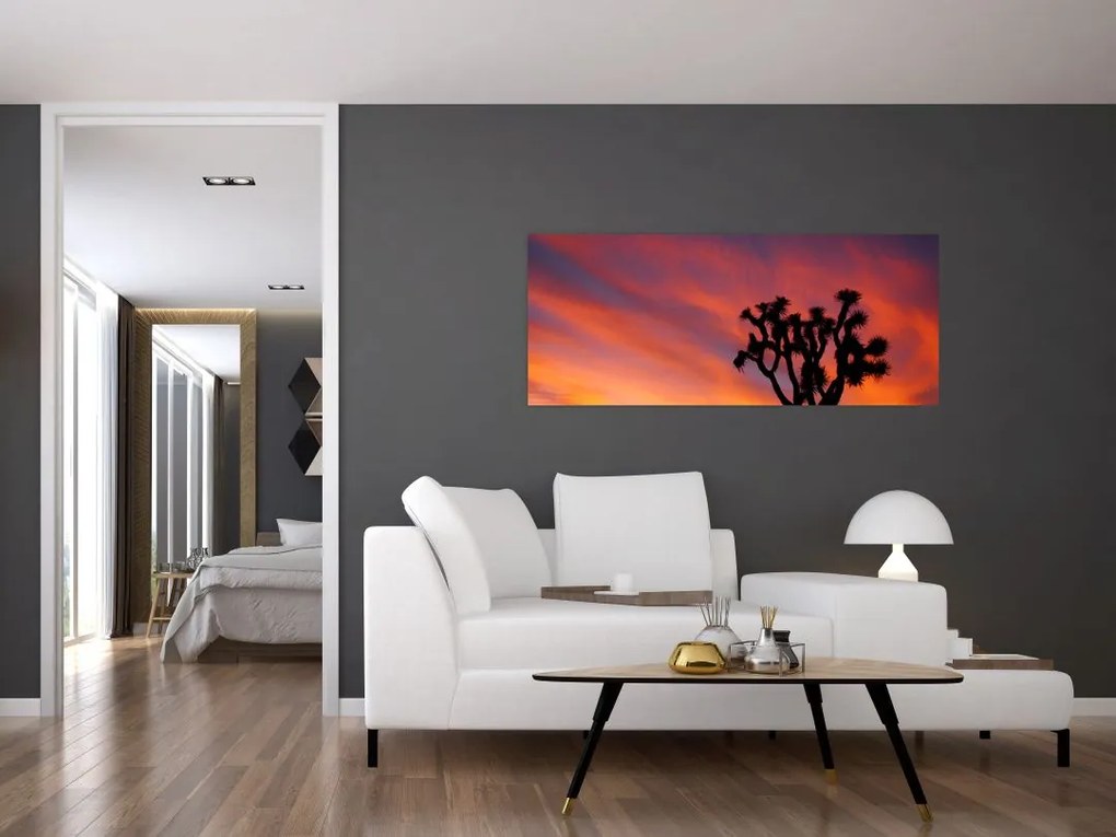 Tablou apus de soare deasupra siluetei unui copac (120x50 cm)