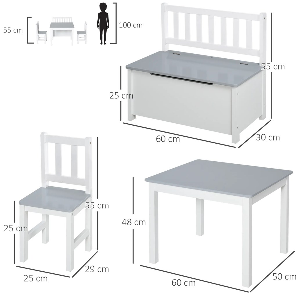 HOMCOM Set Mobilier pentru Copii 4 Piese, Masă, 2 Scaune, Bancă Depozitare, Lemn Multifuncțional, Alb și Gri | Aosom Romania