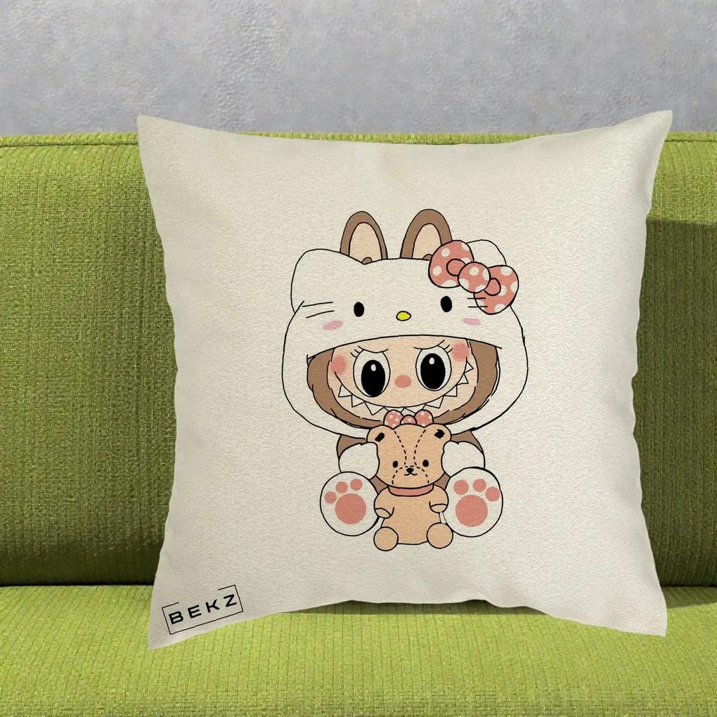 Perna personalizata Labubu: Labubu x Hello Kitty, 40x40 cm cu Umplutura, Ecru, BEKZ