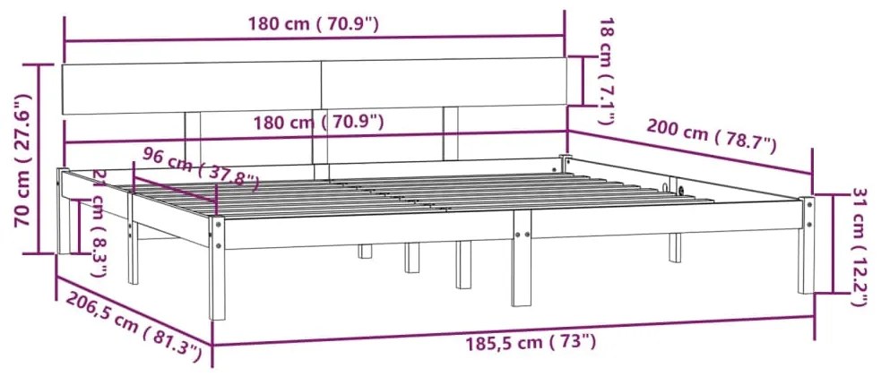 Cadru de pat UK Super King, 180x200 cm, lemn masiv pin Maro, 180 x 200 cm