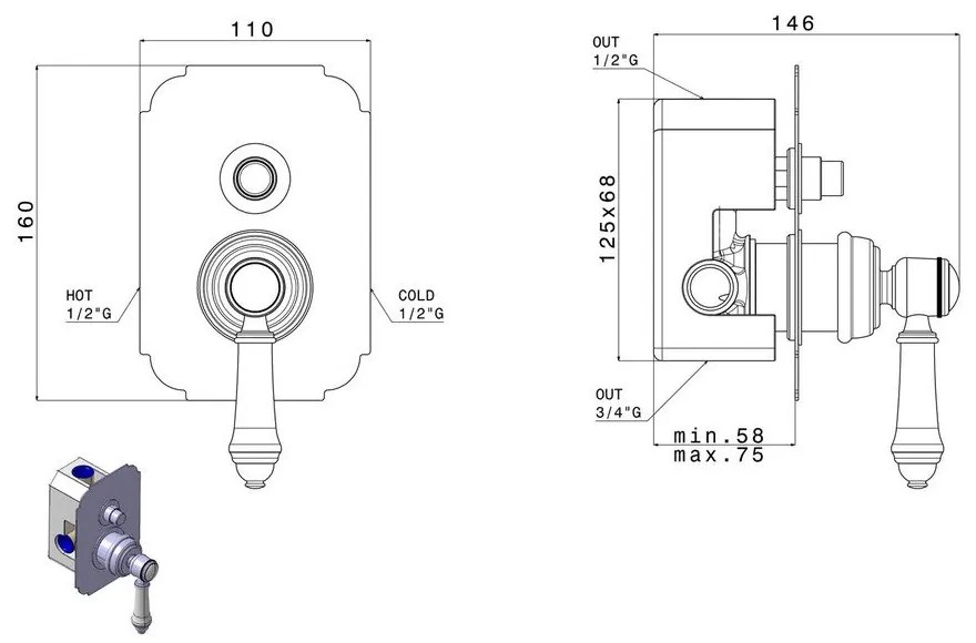 Baterie argintiu-lucios pentru duș încastrată (2 ieșiri) Vienna – Sapho