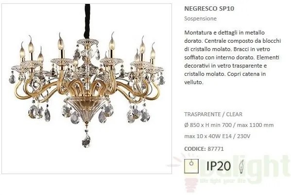 Candelabru 10 brate, cristal Venezian Negresco SP10 087771