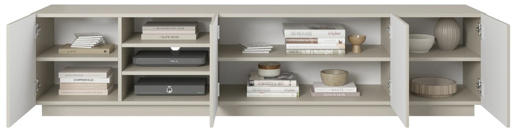 Comodă TV Asha 200 cm cu partea frontală canelat și nișă – bej cashmere