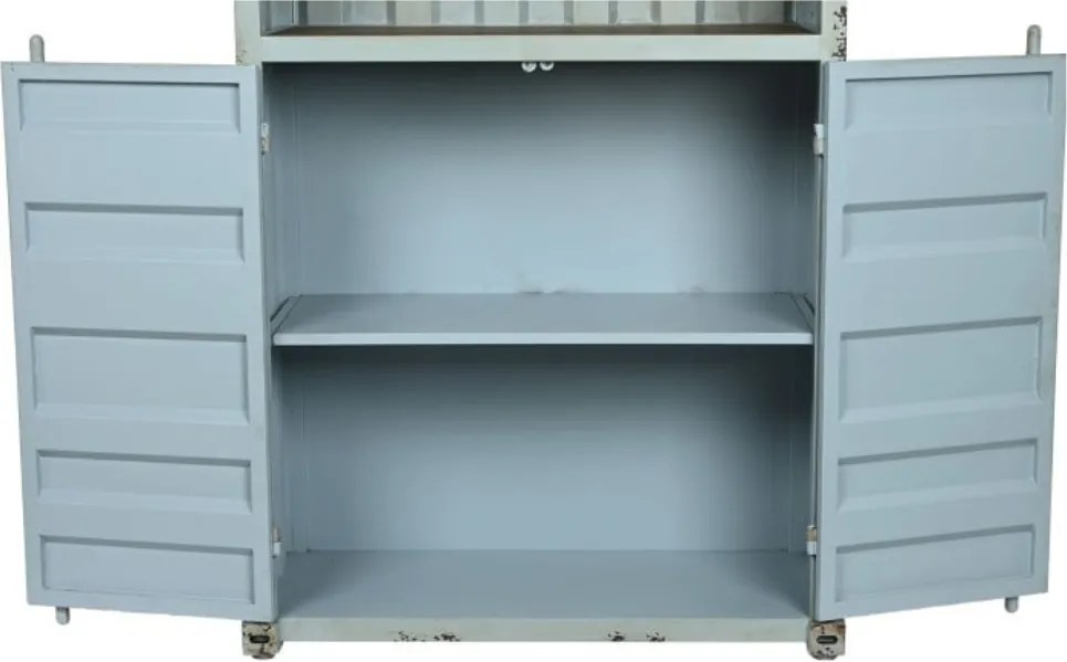 Bufet vintage, stil industrial, din metal, turcoaz, cu 2 uși și rafturi deschise, decor de container maritim, 168,5 x 87 x 44 cm, „Cargo”