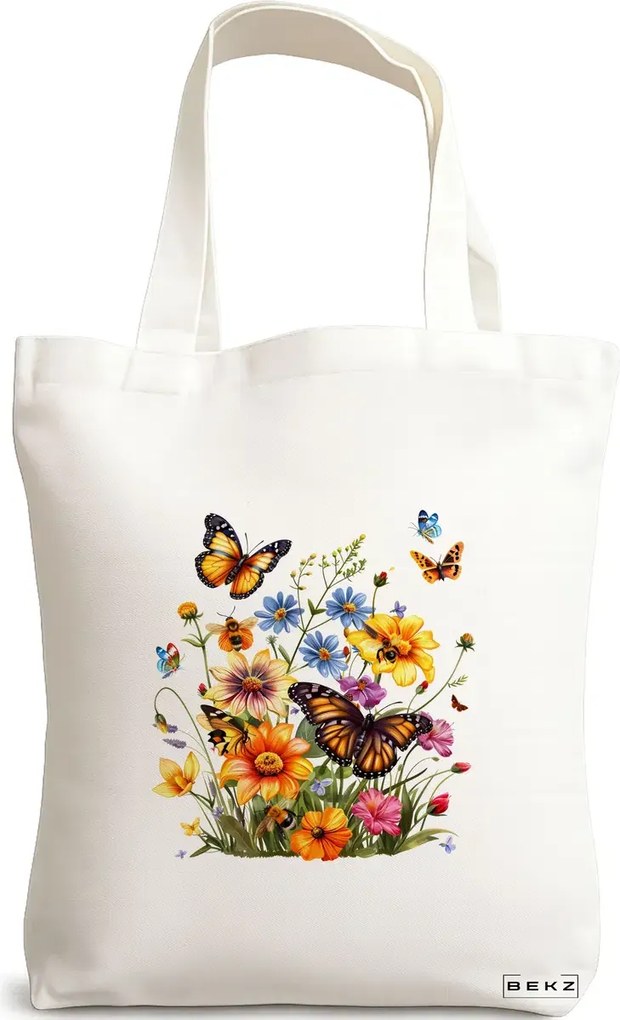 Sacosa de Panza pentru Cumparaturi, Geanta Tote, model Flowers 5 38 x 34.5 cm, Alba, BEKZ®