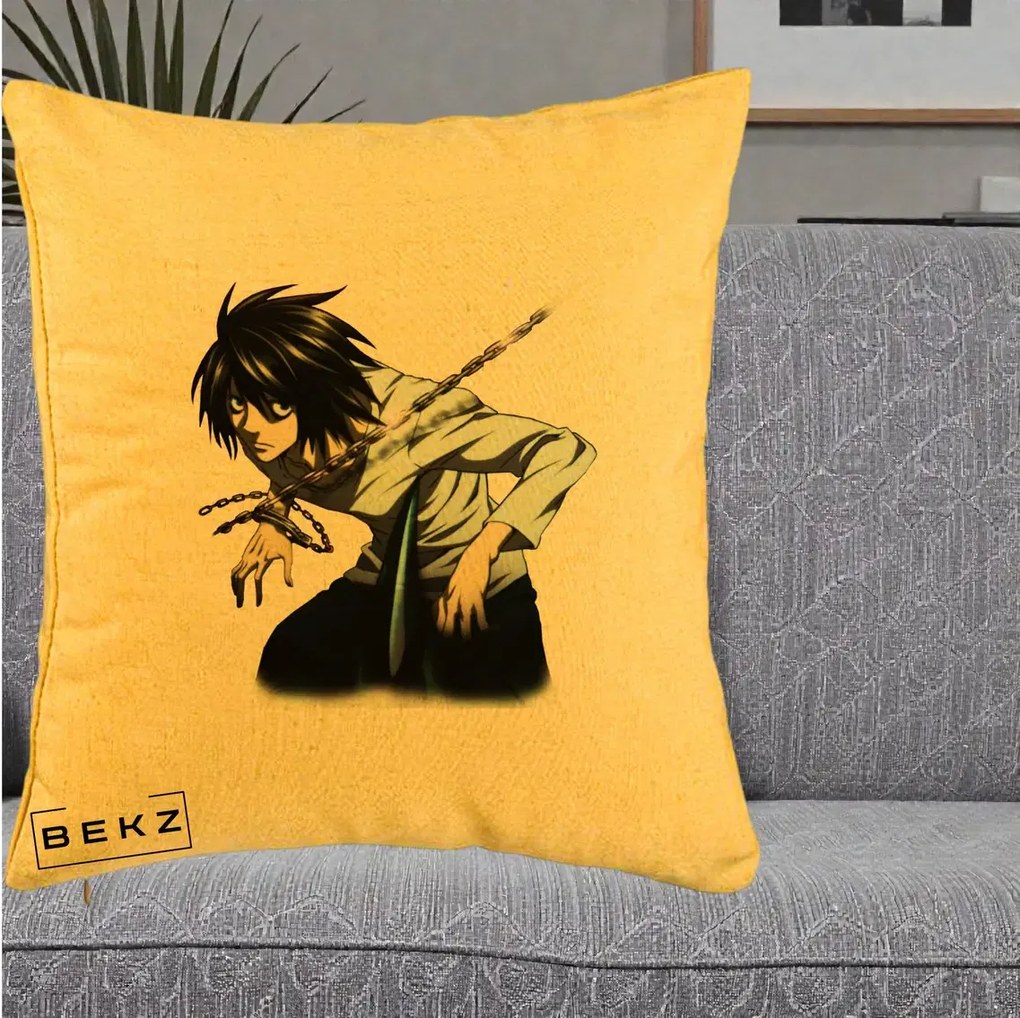 Perna Personalizata Death Note L Lawliet Lanturi, 40x40 cm, Galben, Husa Detasabila, Perna Inclusa, BEKZ®