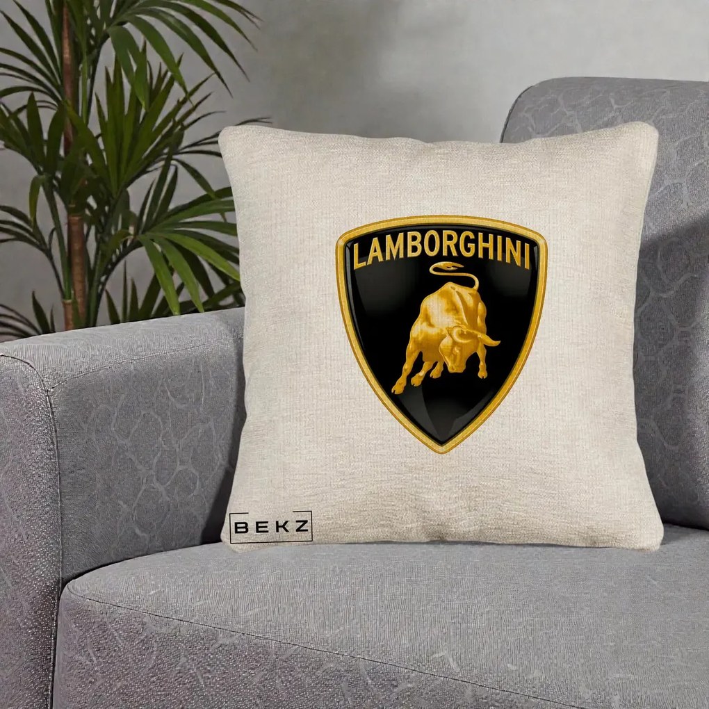 Perna Personalizata cu emblema Lamborghini, 40x40 cm, Bej Canapea, Husa Detasabila, Perna Inclusa, BEKZ®