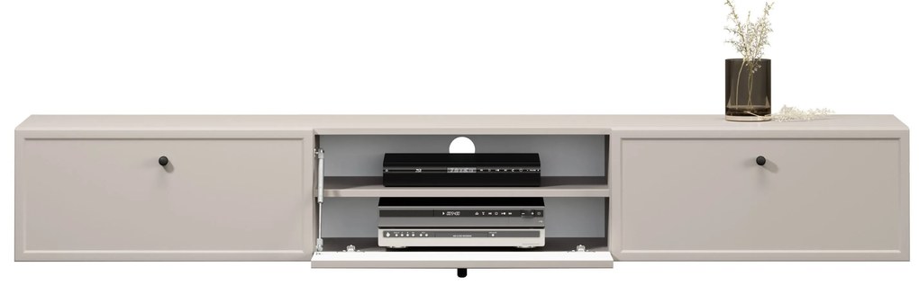 Comodă TV suspendată Lorini 200 cm cu sertare - culoare cașmir / mânere negre
