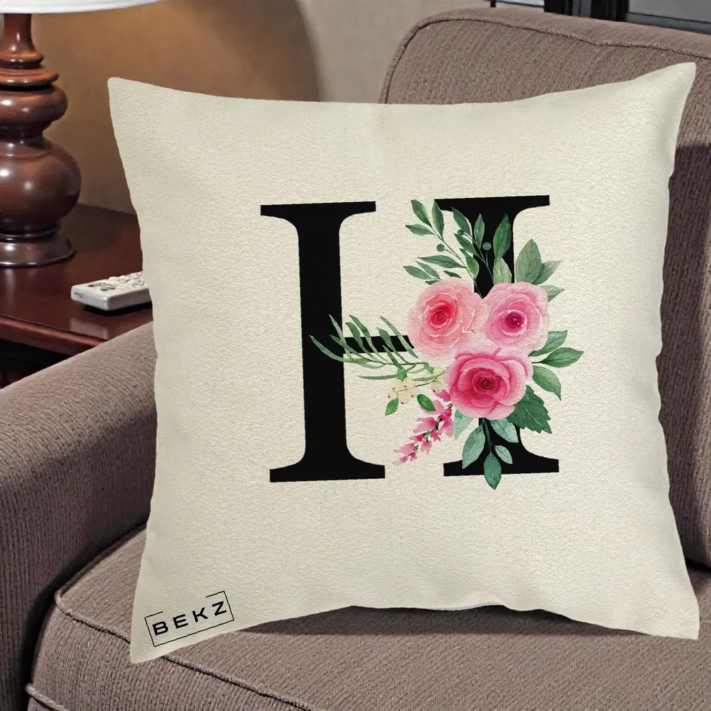 Cadou Personalizat - Perna Personalizata Monograma Florala Litera H cu Trandafiri Roz, 40x40 cm, Ecru, Husa Detasabila, Perna Inclusa, BEKZ®