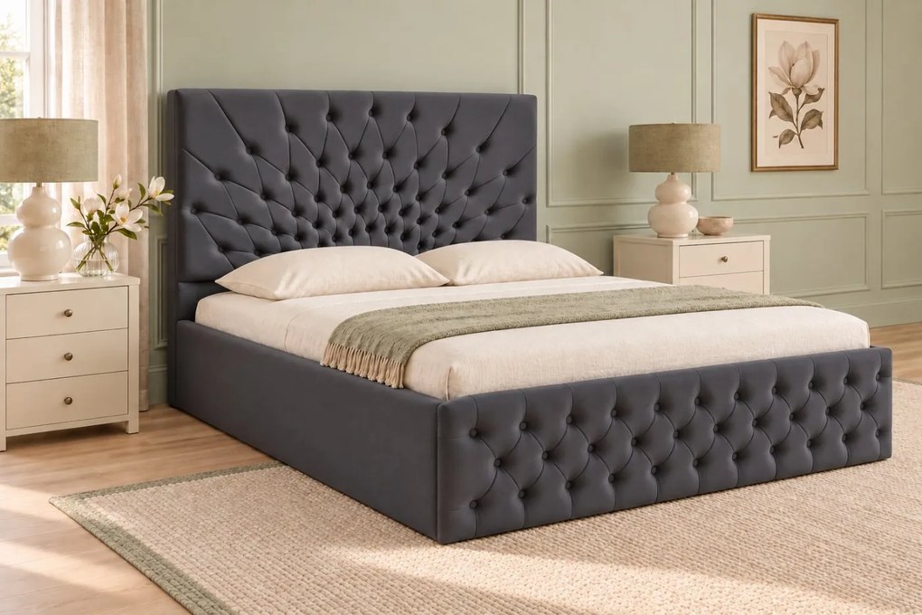 Pat tapițat Chesterfield din catifea Venezia 140×200 cm, gri închis, cu ladă de depozitare