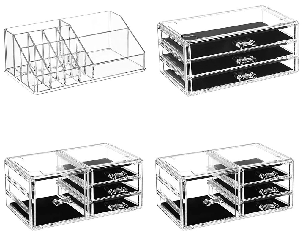 Organizator XXL cu 11 sertare şi 15 compartimente pentru make up şi cosmetică, transparent, acril