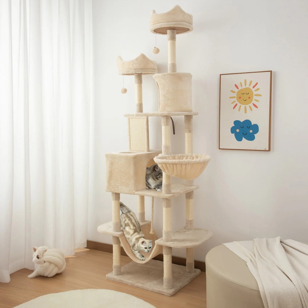 PawHut Ansamblu de Zgâriat pentru Pisici, 206 cm, cu Stâlpi din Sisal, Peșteri și Hamace, Bej | Aosom Romania