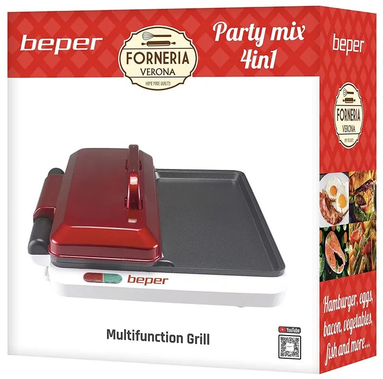 Gratar electric multifunctional Beper P101CUD500 4в1, 1000 W, 4 zone de gatit, Acoperire antiaderenta, Rosu