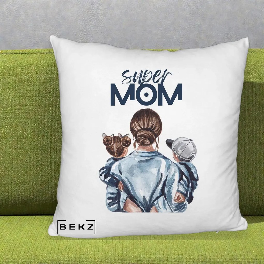 Cadou pentru Mama - Perna Personalizata Super Mom, 40x40 cm, Alb Pufos, Husa Detasabila, Perna Inclusa, BEKZ®