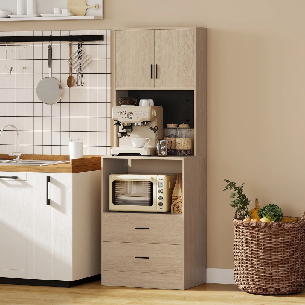HOMCOM Mobilier pentru cuptor cu microunde, bufet, 2 sertare, 2 uși, blat de lucru, poliță reglabilă, panou perforat, 4 cârlige, lemn natural | Aosom Romania