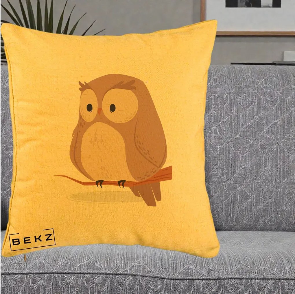 Perna Decorativa Bufnita Kawaii pe Creanga, 40x40 cm, Galben, Husa Detasabila, Perna Inclusa, BEKZ®