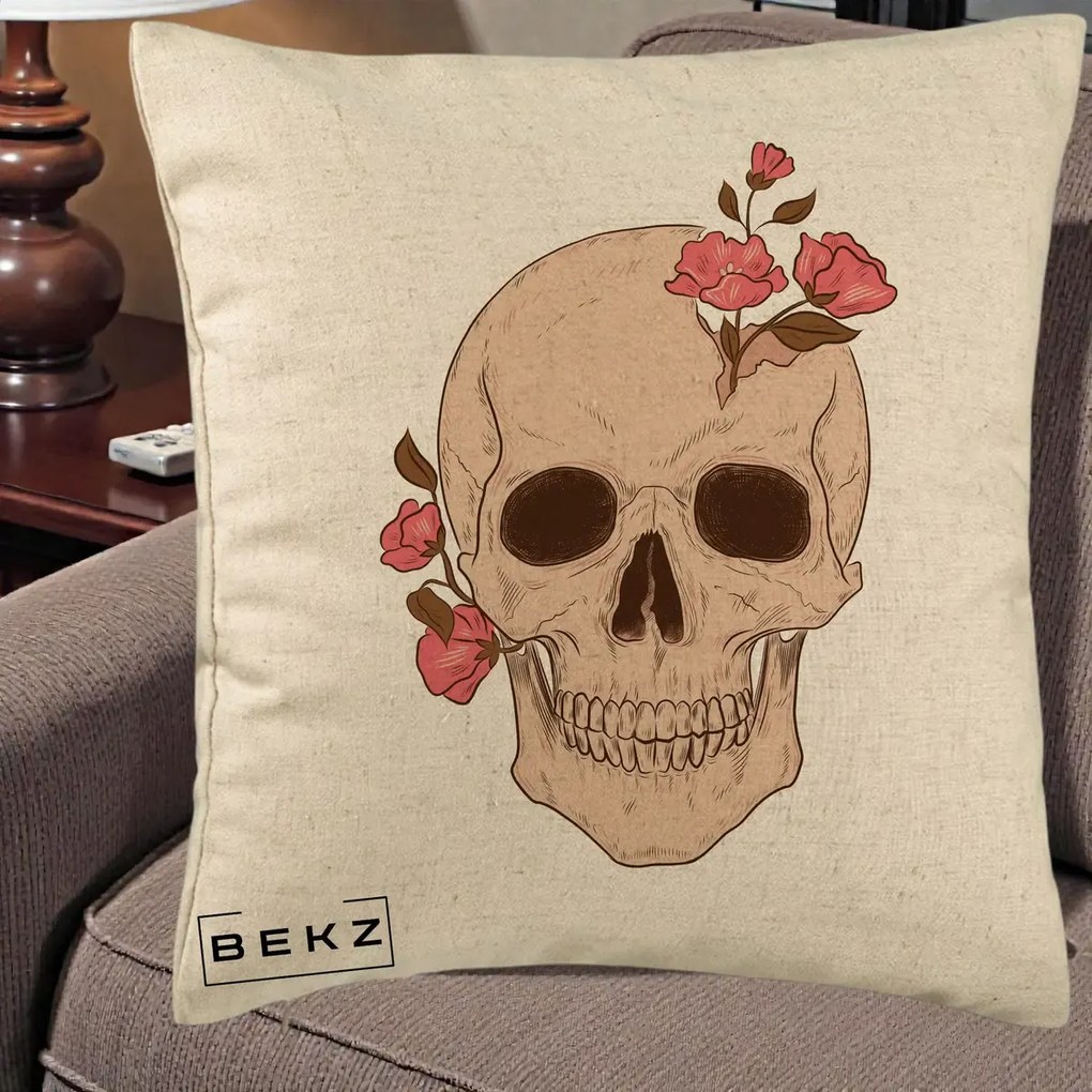 Perna Decorativa Craniu Floral Gothic, 40x40 cm, Bej, Husa Detasabila, Perna Inclusa, BEKZ®