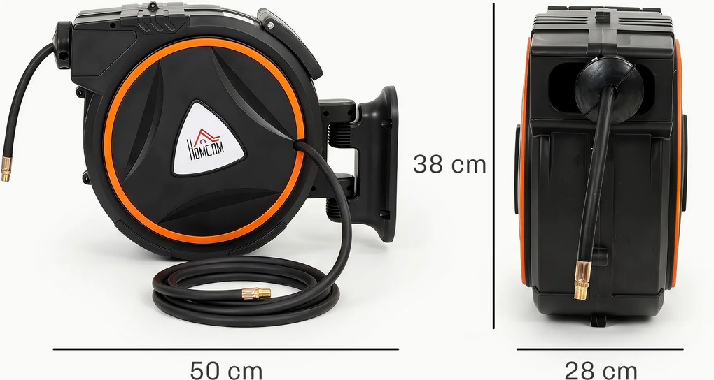 HOMCOM Tambur Automat Retractabil pentru Furtun 20 m, Montare pe Perete, Pivotant 180°, Negru și Portocaliu | Aosom Romania