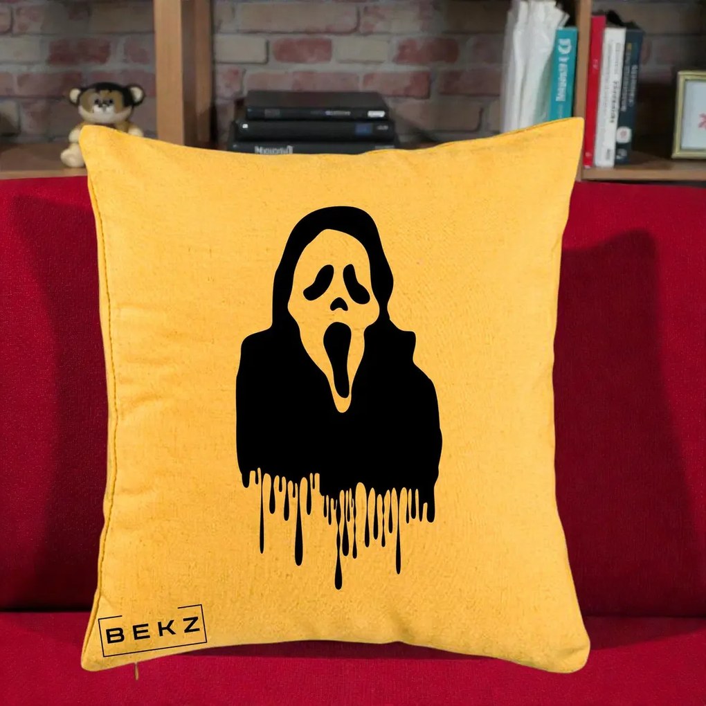 Perna Personalizata Halloween Ghostface Scream Picurand, 40x40 cm, Galben, Husa Detasabila, Perna Inclusa, BEKZ®