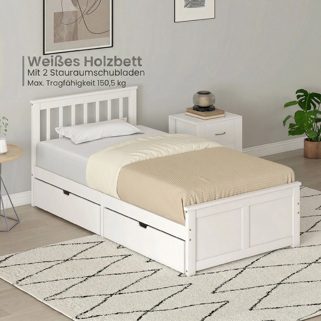 HOMCOM Cadru de pat 90x190cm din lemn masiv,  2 sertare pe roți, tăblie, picior de pat, somier cu lamele, alb | Aosom Romania