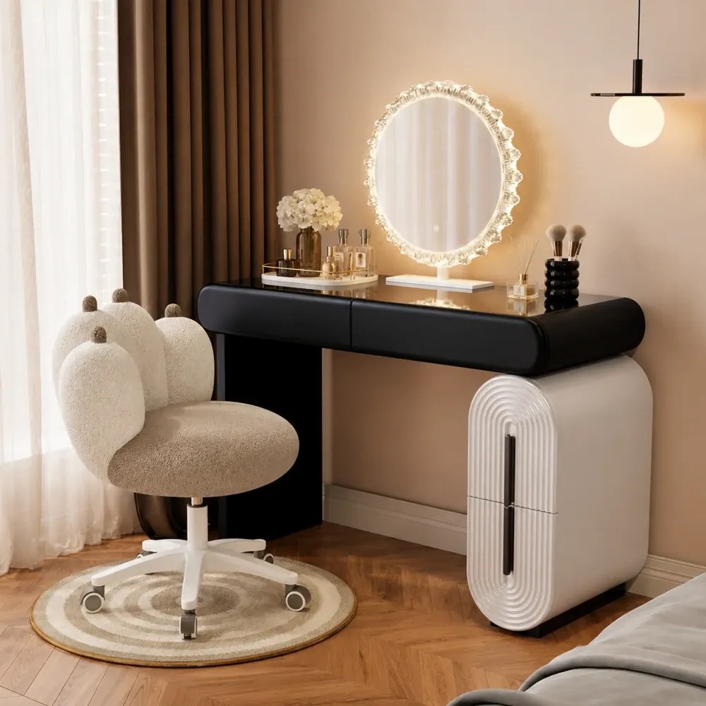 Set AURA LUXE – Masă de Toaletă pentru Machiaj, Oglindă iluminată LED, Control touch, Trei tipuri culoare, Scaun, 100 cm, Negru/Bej