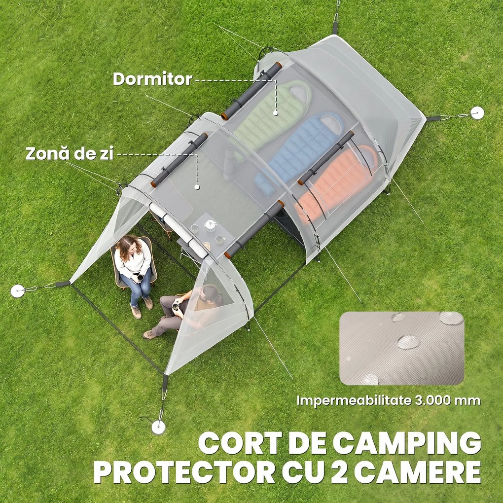 Outsunny Cort de Camping pentru 4-5 Persoane cu Capac Blackout, Cort Tunel Impermeabil cu Geantă de Transport, 460x230x180 cm, Kaki | Aosom Romania