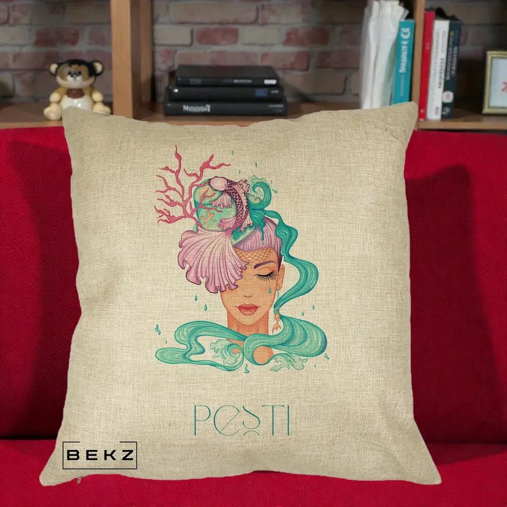 Perna Personalizata Zodiac Pesti Cowgirl, 40x40 cm, Crem, Husa Detasabila, Perna Inclusa, BEKZ®