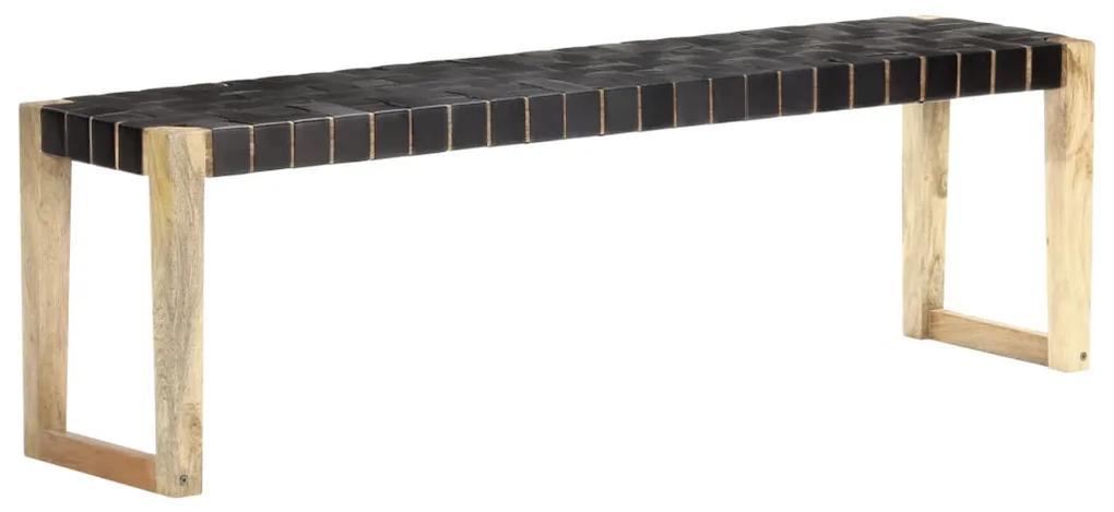 Banca, negru, 150 cm, piele naturala si lemn masiv de mango Negru, 150 x 35 x 45 cm