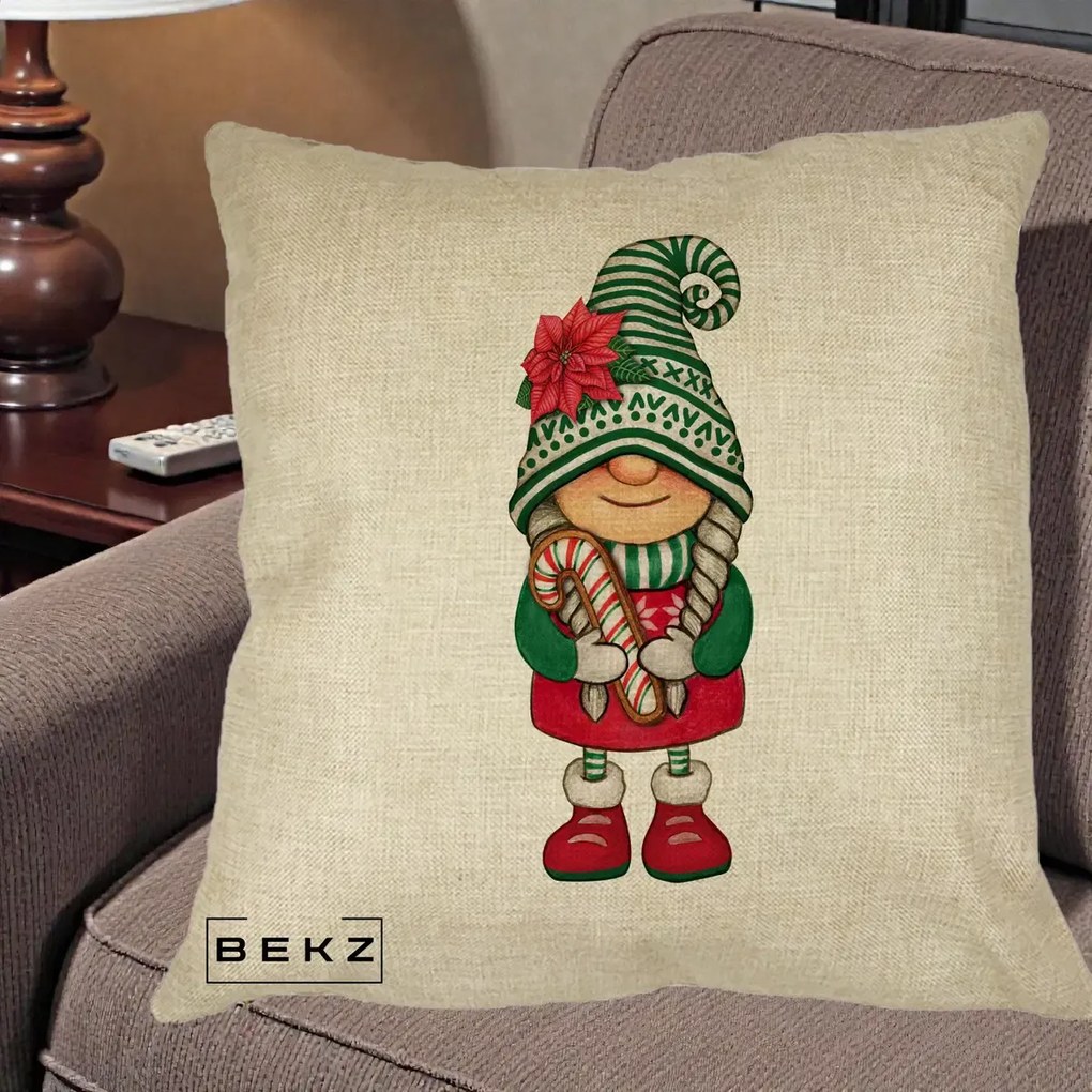 Perna Decorativa Gnom Craciun Verde cu Bomboane si Floare, 40x40 cm, Crem, Husa Detasabila, Perna Inclusa, BEKZ®