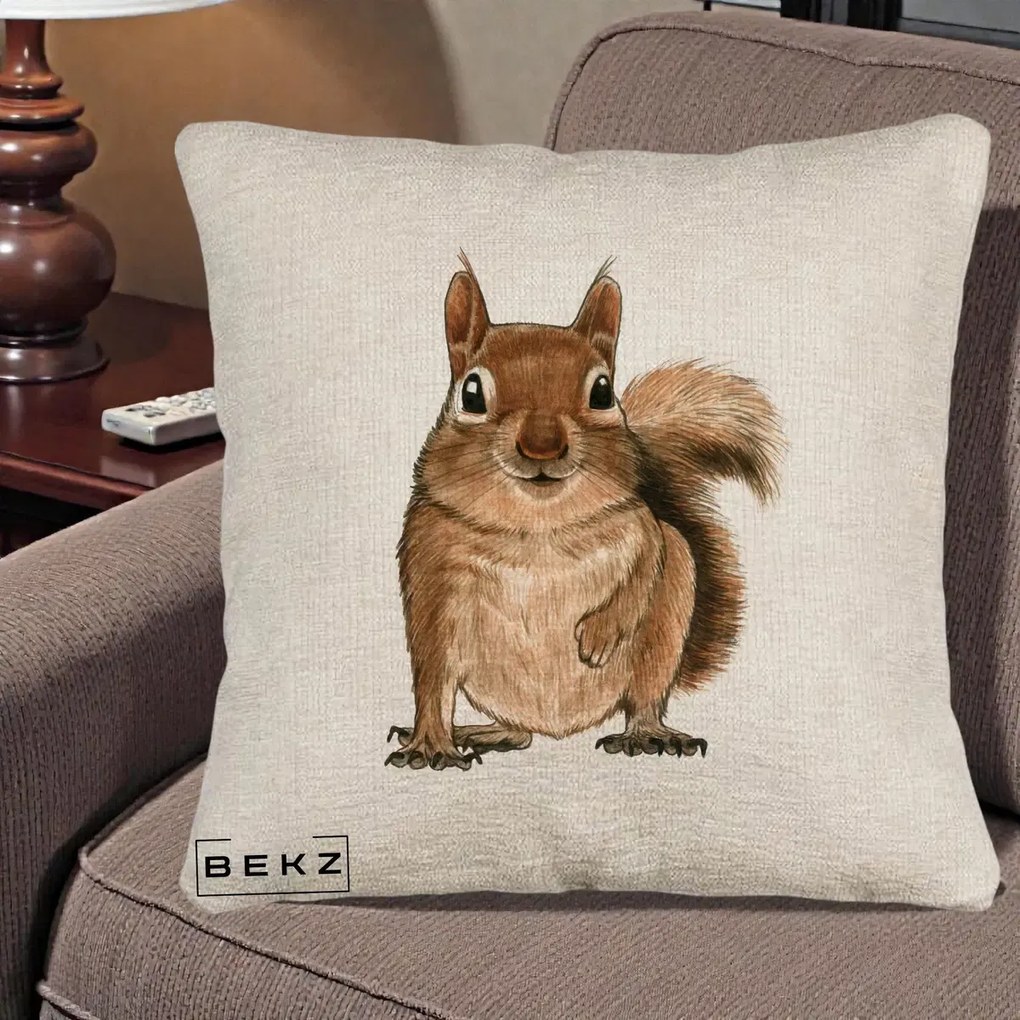 Perna Decorativa Veverita Acuarela, 40x40 cm, Bej Canapea, Husa Detasabila, Perna Inclusa, BEKZ®