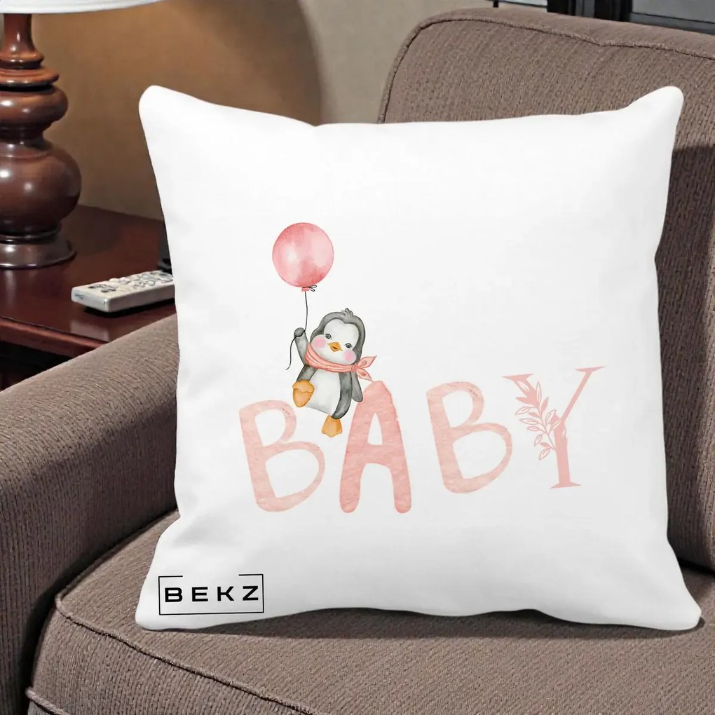 Perna Personalizata Baby Pinguin Roz, 40x40 cm, Alba Mata, Husa Detasabila, Perna Inclusa, BEKZ®