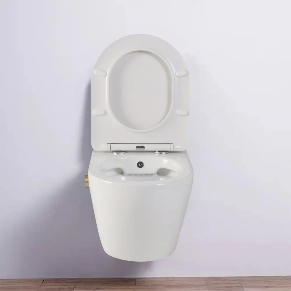 Vas wc suspendat cu functie bideu, Rotund, rimless si baterie auriu mat Foglia Oslo Baterie auriu mat