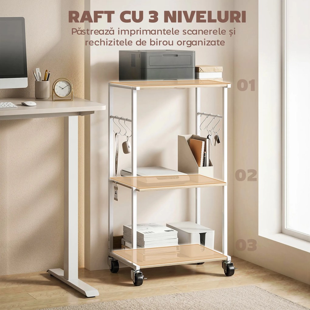 HOMCOM Suport pentru Imprimantă pe 3 Niveluri cu Roți și Cârlige, Masă Modernă, Lemn Natural. | Aosom Romania