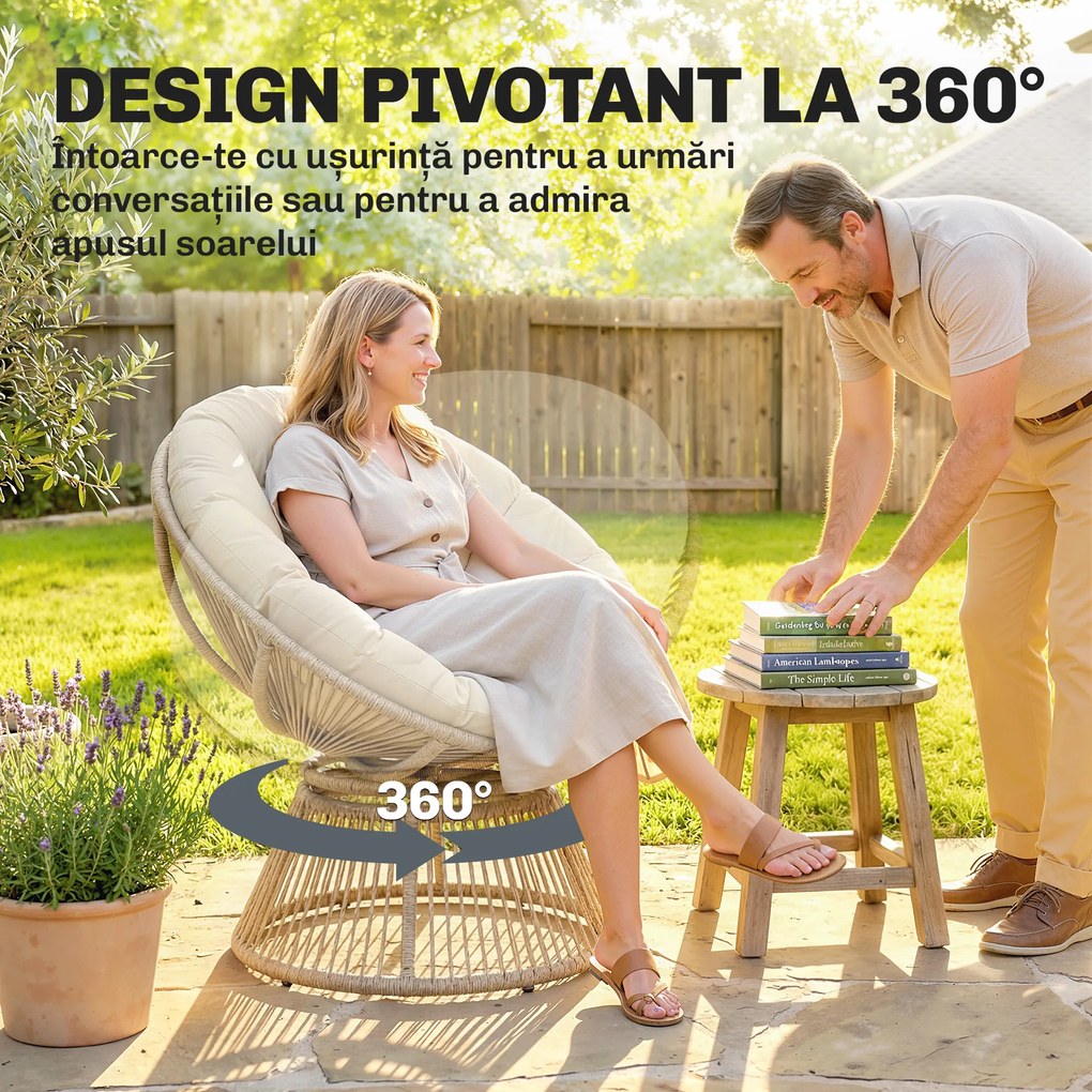 Outsunny Fotoliu Papasan Rotativ 360° Moon Chair cu Pernă pentru Interior/Exterior, Crem Alb | Aosom Romania