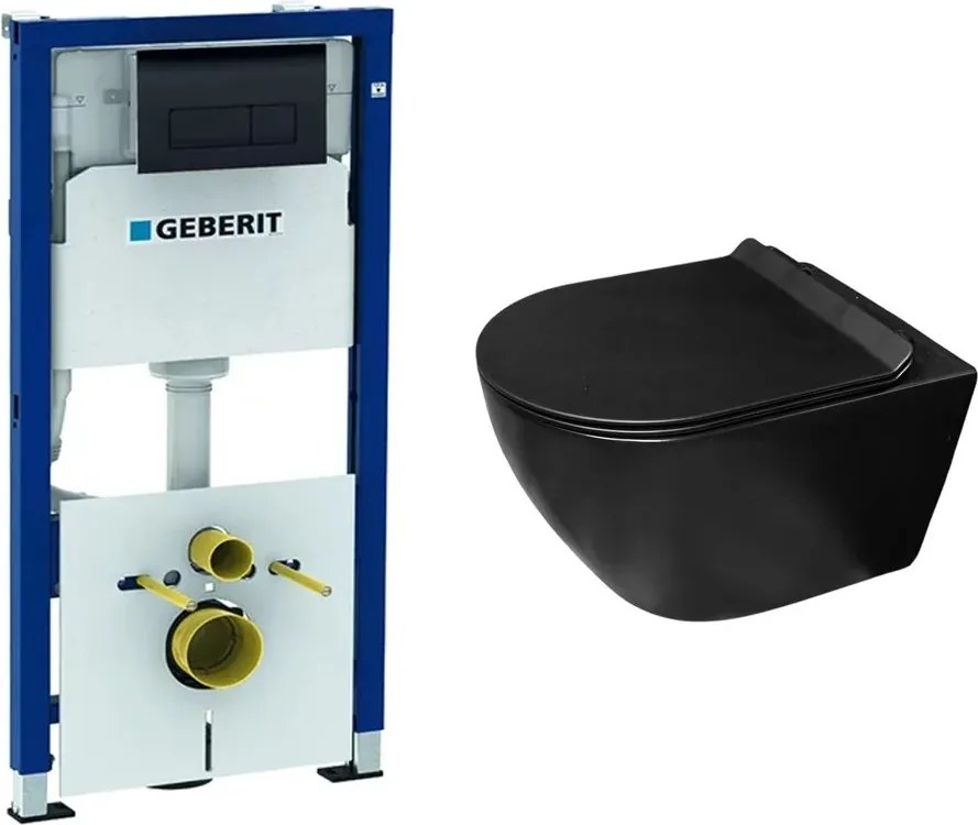 Set rezervor incastrat Geberit Duofix cu set fixare si clapeta Delta negru lucios plus vas WC Rune Ivaldi Grande cu capac softclose