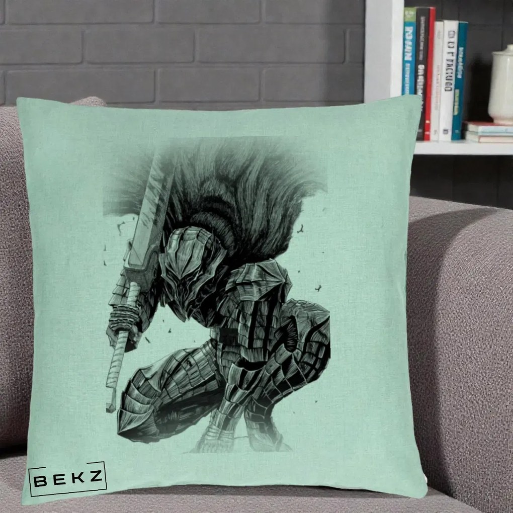 Perna Personalizata Berserk Guts Armor of Darkness Manga, 40x40 cm, Verde Menta, Husa Detasabila, Perna Inclusa, BEKZ®