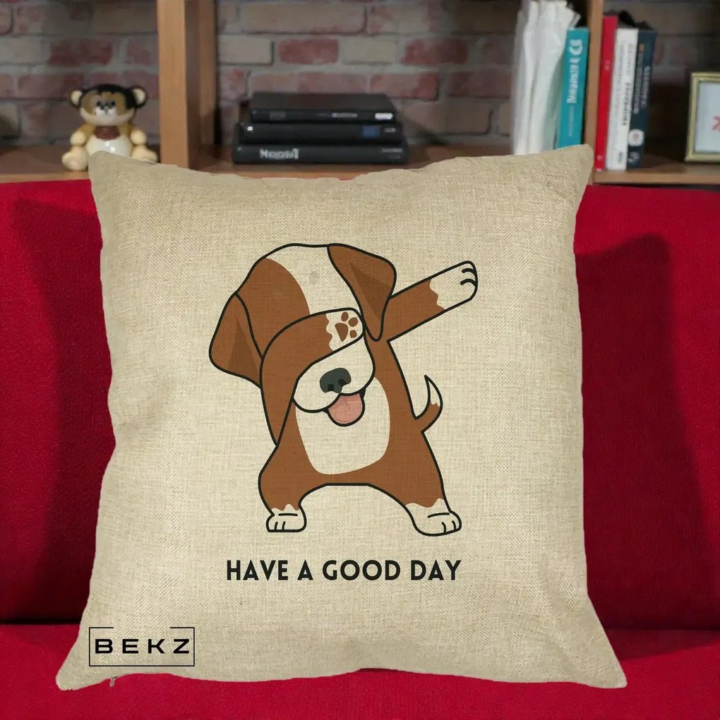 Perna Decorativa Caine Dab Have A Good Day, 40x40 cm, Crem, Husa Detasabila, Perna Inclusa, BEKZ®