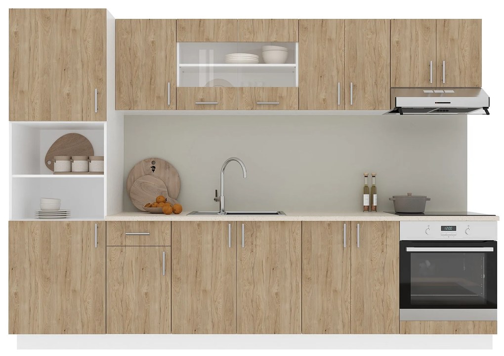 Set Bucatarie Karo V27, Lemn Natural/Alb, Blat Thermo 28 mm, L 300 cm