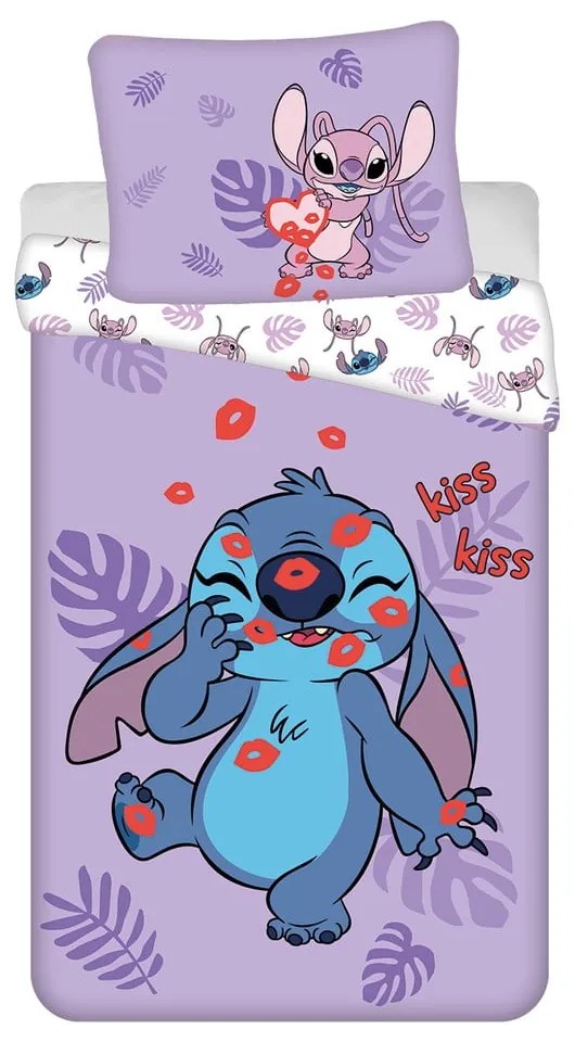 Lenjerie de pat pentru copii mov din bumbac pentru pat de o persoană 140x200 cm Lilo and Stitch "Kiss" – Jerry Fabrics