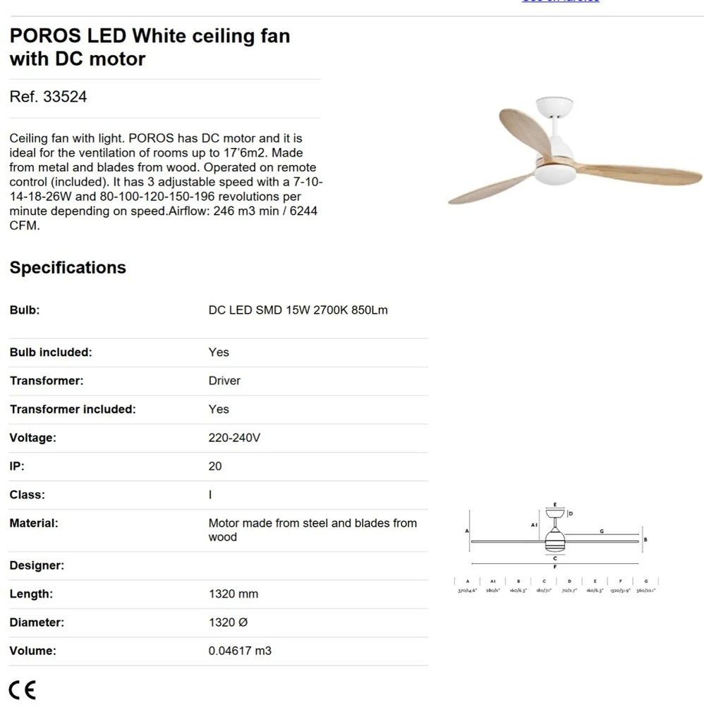 Lustra LED cu Ventilator si telecomanda design modern POROS alb/lemn